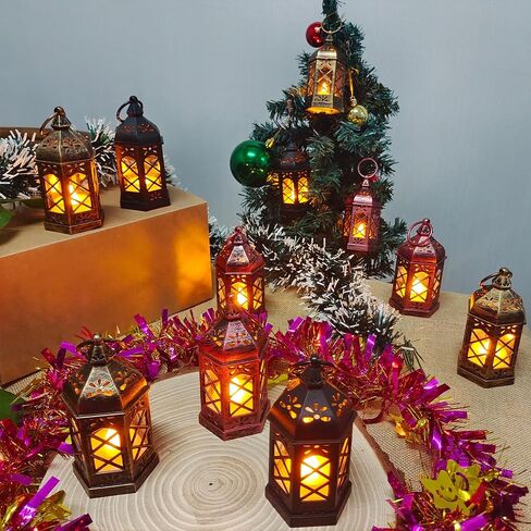 Reperla 12-Pack Mini Lanterns, LED Small Candle Lanterns Decorative, Tea Light Lantern Decoration, Black Hanging Decorative Lantern, Table Centerpiece for Wedding Xmas Ramadan Decor, Battery Included in Kuwait