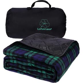 LOTUS LEAF Waterproof Stadium Blanket 85"X 55" Packable,Windproof Extra Thick Picnic mat, Stadium Blankets for Camping with Quilted Fleece Lining,Machine Washable，Black (Green Check)