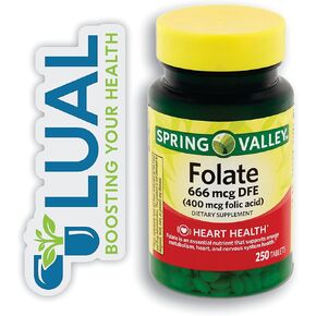 Folate 666 mcg dfe 400 mcg folic Acid. Includes Luall Sticker + Spring Valley Folate 666 mcg dfe 400 mcg folic Acid. | 250 Count | in Kuwait