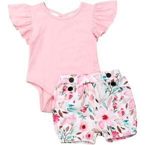 ملابس علوية بأكمام قصيرة مكشكشة من القطن لحديثي الولادة + شورت مزين بالزهور مجموعة ملابس للفتيات الصغيرات in Kuwait