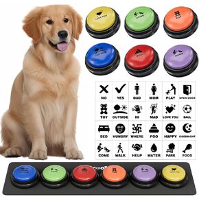 Dog Buttons for Communication, 4 Dog Talking Button Set, Speaking Buttons for Cats and Dogs, 30s Voice Recordable Pet Training Buzzer with Waterproof Dog Activity Mat and 24 Scene Stickers