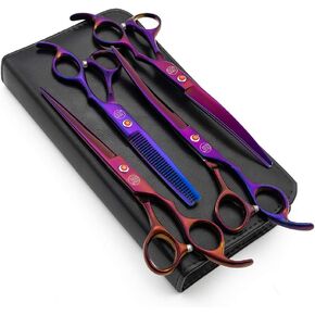 Moontay Professional 8.0" Dog Grooming Scissors Set, 4-pieces Straight, Upward Curved, Downward Curved, Thinning/Blending Shears for Dog, Cat and Pets, JP Stainless Steel, Black