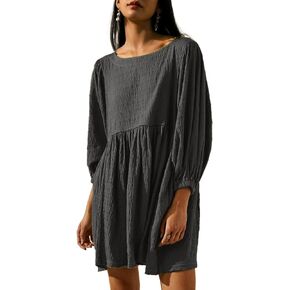 Glamaker Womens Flowy Summer Tunic Dress Puff Sleeve Crew Neck Casual Babydoll Mini Dresses with Pockets