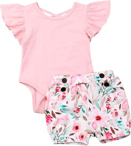 ملابس علوية بأكمام قصيرة مكشكشة من القطن لحديثي الولادة + شورت مزين بالزهور مجموعة ملابس للفتيات الصغيرات in Kuwait