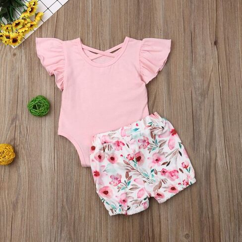 ملابس علوية بأكمام قصيرة مكشكشة من القطن لحديثي الولادة + شورت مزين بالزهور مجموعة ملابس للفتيات الصغيرات in Kuwait