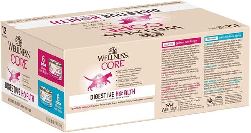 Wellnes CORE طعام القطط الرطب الطبيعي الخالي من الحبوب لصحة الجهاز الهضمي، المعدة الحساسة، سهل الهضم (حزمة متنوعة من سمك السلمون/السمك الأبيض، علبة 3 أونصة، 12 عبوة) in Kuwait
