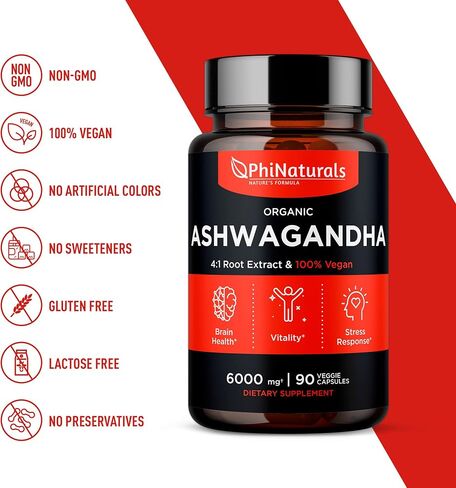 Ashwagandha Root Extract Capsules (Organic) Equivalent to 6000 mg Whole Root - Supplement with 1500 mg Per Serving - 500 mg Per Vegan Capsule - 90 Count in Saudi Arabia