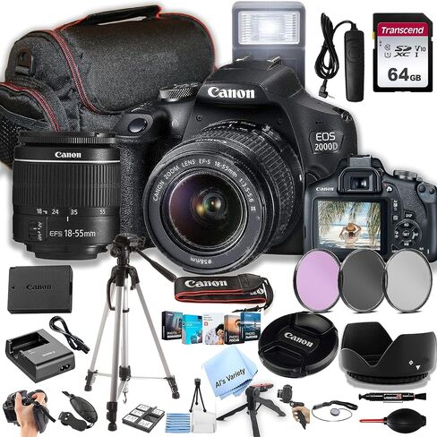 Canon EOS 2000D / Rebel T7 DSLR Camera w/EF-S 18-55mm F/3.5-5.6 Zoom Lens + 64GB Memory, Filters,Case, Tripod, Flash, Remote, and More (35pc Bundle) in Saudi Arabia