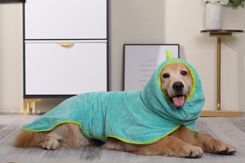 Pawyee Super Soft Fast-Drying Dog Towel with Drying Gloves for Cold Weather, Beach, Pool - Adjustable Microfiber Bath Robe Set (2 pcs) for Cats and Dogs (XL, Blue Dino) in Saudi Arabia