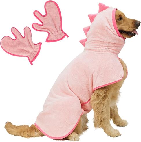 Pawyee Super Soft Fast-Drying Dog Towel with Drying Gloves for Cold Weather, Beach, Pool - Adjustable Microfiber Bath Robe Set (2 pcs) for Cats and Dogs (XL, Blue Dino) in Saudi Arabia