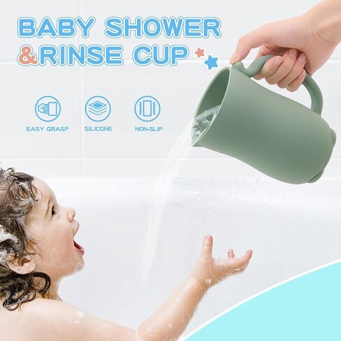 mandoo Baby Bath Rinse Cup - Food Grade Silicone - Shampoo & Body Washing Rinser Cup for Kids with Easy Grip Handle to Rinse Baby Shampoo and Soap - Baby Essentials (Pink+Brush) in Saudi Arabia
