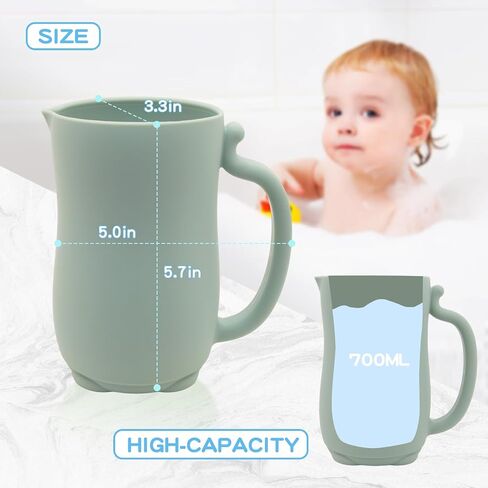 mandoo Baby Bath Rinse Cup - Food Grade Silicone - Shampoo & Body Washing Rinser Cup for Kids with Easy Grip Handle to Rinse Baby Shampoo and Soap - Baby Essentials (Pink+Brush) in Saudi Arabia