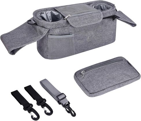 منظم عربة الأطفال من بيبيمور و4 قطع خطافات لعربة الأطفال وحقيبة تخزين للعربات التي تجرها الدواب مع جيب قابل للفصل وجيب للهاتف المحمول ومنظم للكرسي مع حزام كتف وحقيبة يد (أسود) in Kuwait