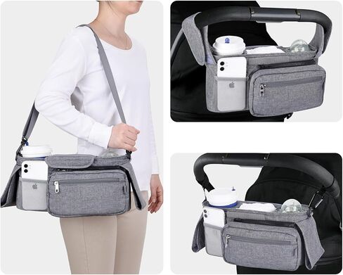 منظم عربة الأطفال من بيبيمور و4 قطع خطافات لعربة الأطفال وحقيبة تخزين للعربات التي تجرها الدواب مع جيب قابل للفصل وجيب للهاتف المحمول ومنظم للكرسي مع حزام كتف وحقيبة يد (أسود) in Kuwait