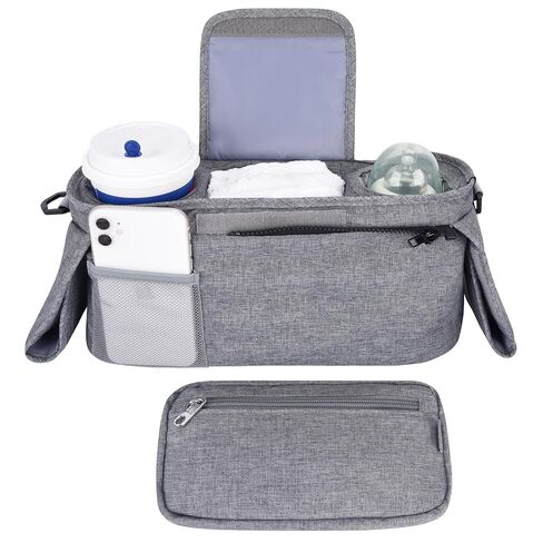 منظم عربة الأطفال من بيبيمور و4 قطع خطافات لعربة الأطفال وحقيبة تخزين للعربات التي تجرها الدواب مع جيب قابل للفصل وجيب للهاتف المحمول ومنظم للكرسي مع حزام كتف وحقيبة يد (أسود) in Kuwait