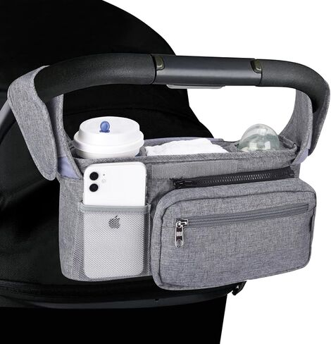 منظم عربة الأطفال من بيبيمور و4 قطع خطافات لعربة الأطفال وحقيبة تخزين للعربات التي تجرها الدواب مع جيب قابل للفصل وجيب للهاتف المحمول ومنظم للكرسي مع حزام كتف وحقيبة يد (أسود) in Kuwait