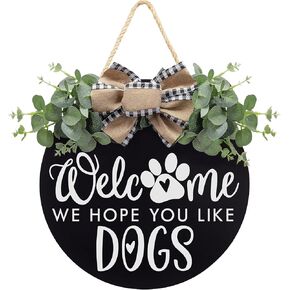 Welcome We Hope You Like Dogs Farmhouse Door Sign for Front Door Porch Decor with Eucalyptus Leaves & Buffalo Bow - Welcome Wreath Sign Hanging for Dogs Lovers Christmas Decoration Housewarming Gift