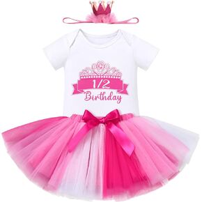 ODASDO 1/2 Birthday Outfit for Baby Girl Half Way to One Smash Cake Photo Shoot Romper Tutu Skirt Crown Headband Set