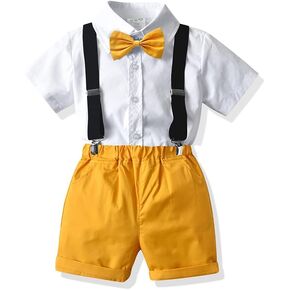 Baby Boys Gentleman Outfit Little Boys Formal Short Set Toddler Short Sleeve Shirt+Suspender Pants+Bow Tie 4Pcs