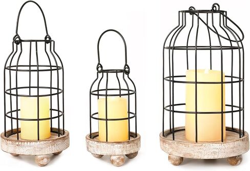 Vintage Farmhouse Lanterns, Set of 3 Metal Cage Lantern Black Wire Candle Holder Rustic Decorative Lantern Set for Living Room Mantlepiece Kitchen Dining Table Home Decor in Kuwait
