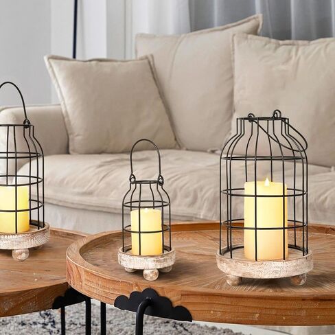 Vintage Farmhouse Lanterns, Set of 3 Metal Cage Lantern Black Wire Candle Holder Rustic Decorative Lantern Set for Living Room Mantlepiece Kitchen Dining Table Home Decor in Kuwait