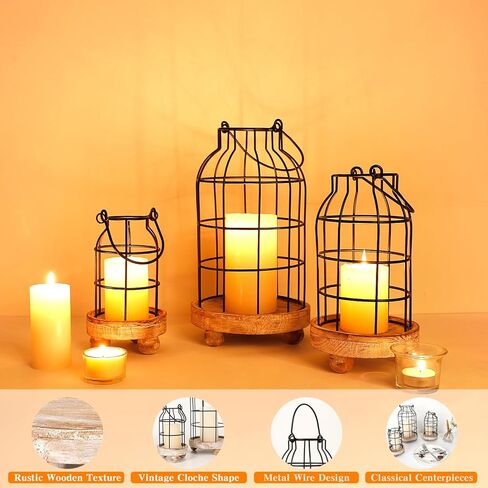 Vintage Farmhouse Lanterns, Set of 3 Metal Cage Lantern Black Wire Candle Holder Rustic Decorative Lantern Set for Living Room Mantlepiece Kitchen Dining Table Home Decor in Kuwait
