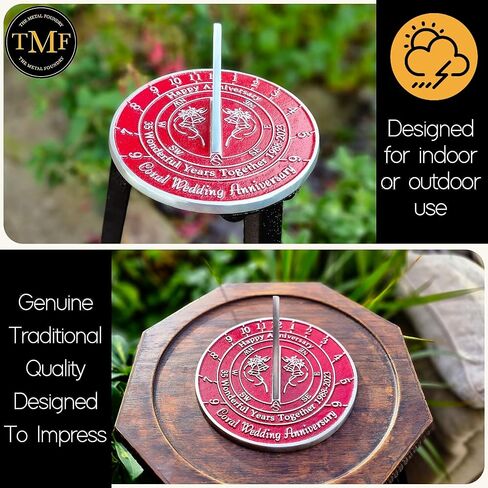 هدية الذكرى السنوية للمزولة الشمسية بمناسبة الذكرى الخامسة والثلاثين لزفاف المرجان 1988-2023. حديقة ديكور المنزل المعدنية المعاد تدويرها فكرة هدية لمدة 35 عامًا مصنوعة يدويًا في المملكة المتحدة للآباء والأجداد والأصدقاء والأزواج in Kuwait