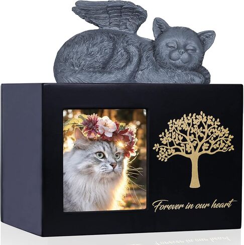 The7boX Pet Urn Cat Ashes Box Wooden Black Cat Urns for Ashes Comes with Cat Angel and Ashes Bag in Kuwait