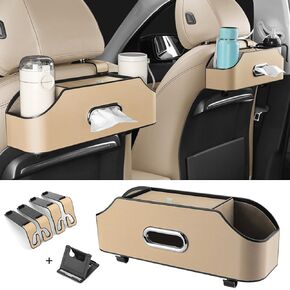 منظم المقعد الخلفي للسيارة مع حاملين لأكواب المشروبات، مقعد خلفي جلدي منظم للسيارة، صندوق مناديل وخطاف صندوق تخزين، خطافات مسند الرأس، حامل حامل للهاتف، تخزين متعدد الوظائف، ملحقات سفر السيارة (بيج) in Kuwait
