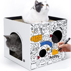 Cardboard Cat House with 2PCS Scratching Pad, Large Cat Scratcher Bed for Indoor Cat Recyclable Cat Scratcher Cardboard for with Box.