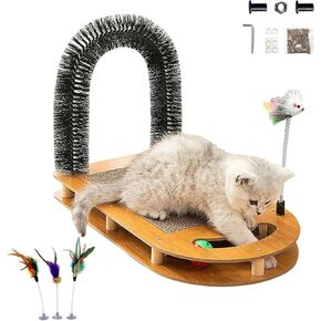 Cat Scratching Board with 4 Cat Bell Balls Toys and Spring Mouse Toy, Cat Scratcher Pad for Indoor Cats, Cat Scratcher Cardboard, Durable, Cat Self Groomer, Stable and Non-Slip, Eco-Friendly Wood