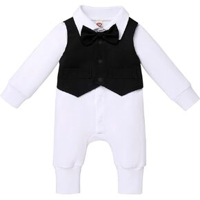 IDOPIP Baby Boy Gentleman White Shirt Waistcoat Bowtie Tuxedo Jumpsuit Overall Romper Birthday Outfit Formal Suit 0-18M