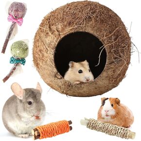 HWONMTE Hamster Coconut House and Hideout Bed Hamsters Chew Toys Gerbils Mice Rat Chinchillas Exercise Accessories for Small Animal Chewing and Teeth Care (4 Pack) in Kuwait