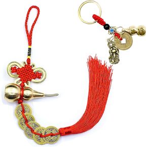 1PCS Chinese New Year Lucky Coins Charm Gourd Chinese Knot Tassel and 1PCS Feng Shui Key Chains Gourd with PIXIU Coin, Hanging Tassel Pendant Bring Luck Healt Wealth for Home Car Decor