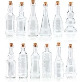 Small Blue Vintage Glass Bottles with Corks, Mini Vases, Decorative, Potion, Assorted Design Set of 12 pcs, 4.6 Inch Tall (11.43cm), 1.4 Inch Wide (3.56cm)
