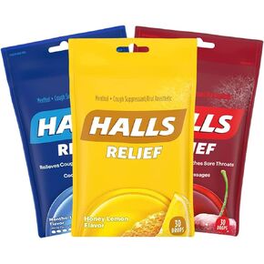ONDAGO Halls Relief Variety - Cough Drops - Mentho-Lyptus, Honey Lemon, Cherry - 30 Count Each - Soothing Throat Drops for Soreness in Saudi Arabia