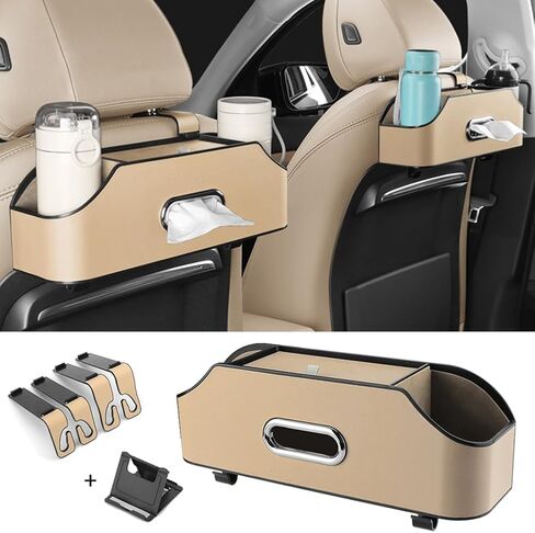 منظم المقعد الخلفي للسيارة مع حاملين لأكواب المشروبات، مقعد خلفي جلدي منظم للسيارة، صندوق مناديل وخطاف صندوق تخزين، خطافات مسند الرأس، حامل حامل للهاتف، تخزين متعدد الوظائف، ملحقات سفر السيارة (بيج) in Kuwait