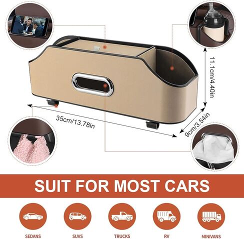 منظم المقعد الخلفي للسيارة مع حاملين لأكواب المشروبات، مقعد خلفي جلدي منظم للسيارة، صندوق مناديل وخطاف صندوق تخزين، خطافات مسند الرأس، حامل حامل للهاتف، تخزين متعدد الوظائف، ملحقات سفر السيارة (بيج) in Kuwait