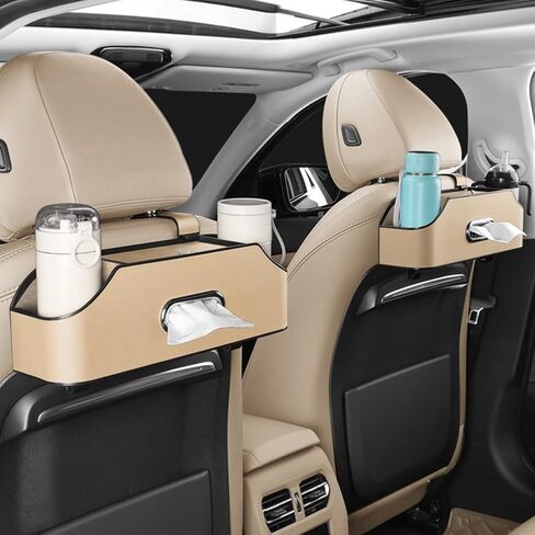 منظم المقعد الخلفي للسيارة مع حاملين لأكواب المشروبات، مقعد خلفي جلدي منظم للسيارة، صندوق مناديل وخطاف صندوق تخزين، خطافات مسند الرأس، حامل حامل للهاتف، تخزين متعدد الوظائف، ملحقات سفر السيارة (بيج) in Kuwait