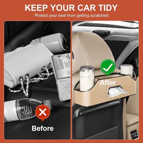 منظم المقعد الخلفي للسيارة مع حاملين لأكواب المشروبات، مقعد خلفي جلدي منظم للسيارة، صندوق مناديل وخطاف صندوق تخزين، خطافات مسند الرأس، حامل حامل للهاتف، تخزين متعدد الوظائف، ملحقات سفر السيارة (بيج) in Kuwait