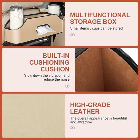 منظم المقعد الخلفي للسيارة مع حاملين لأكواب المشروبات، مقعد خلفي جلدي منظم للسيارة، صندوق مناديل وخطاف صندوق تخزين، خطافات مسند الرأس، حامل حامل للهاتف، تخزين متعدد الوظائف، ملحقات سفر السيارة (بيج) in Kuwait