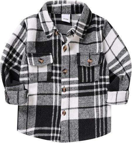 Viworld بيبي بوي فتاة منقوشة قميص الفانيلا طويلة الأكمام زر أسفل معطف طية صدر السترة ملابس الخريف الشتاء وتتسابق in Kuwait