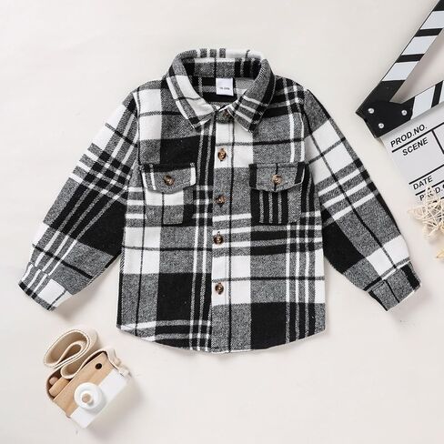 Viworld بيبي بوي فتاة منقوشة قميص الفانيلا طويلة الأكمام زر أسفل معطف طية صدر السترة ملابس الخريف الشتاء وتتسابق in Kuwait