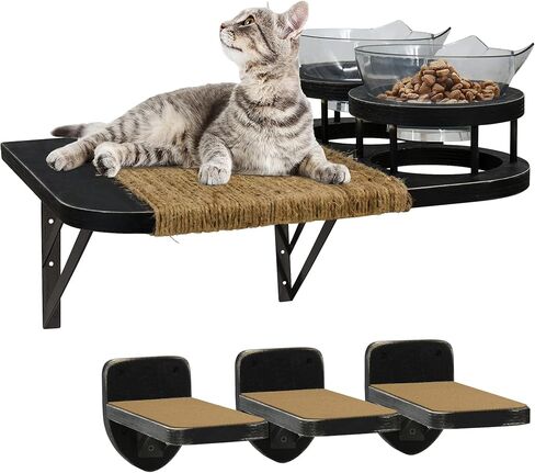 Cat Hammock Cat Wall Shelves with 3 Steps, Cat Shelves and Perches with 2 Cat Food Shelf, Cat Climbing Shelf Cat Scratching Post Cat Wall Shelf for Indoor, Cat Steps with Plush Covered, Gift for Cat in Kuwait