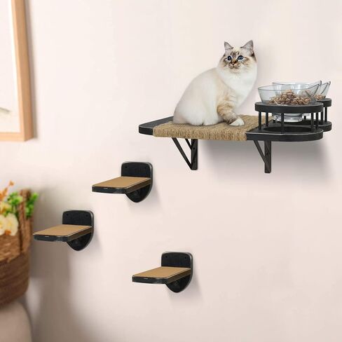 Cat Hammock Cat Wall Shelves with 3 Steps, Cat Shelves and Perches with 2 Cat Food Shelf, Cat Climbing Shelf Cat Scratching Post Cat Wall Shelf for Indoor, Cat Steps with Plush Covered, Gift for Cat in Kuwait
