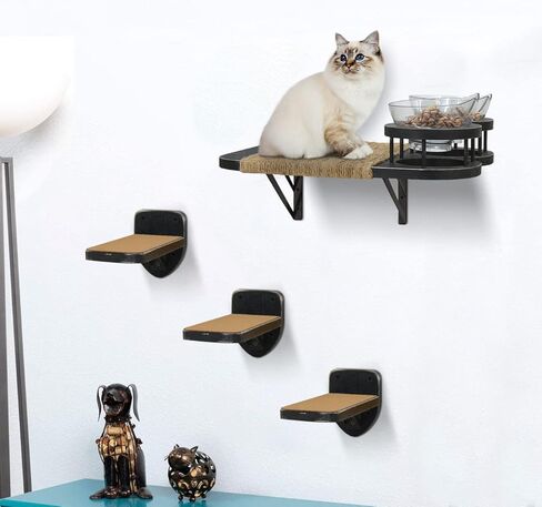 Cat Hammock Cat Wall Shelves with 3 Steps, Cat Shelves and Perches with 2 Cat Food Shelf, Cat Climbing Shelf Cat Scratching Post Cat Wall Shelf for Indoor, Cat Steps with Plush Covered, Gift for Cat in Kuwait