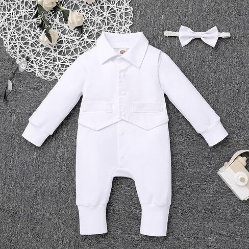IDOPIP Baby Boy Gentleman White Shirt Waistcoat Bowtie Tuxedo Jumpsuit Overall Romper Birthday Outfit Formal Suit 0-18M in Saudi Arabia