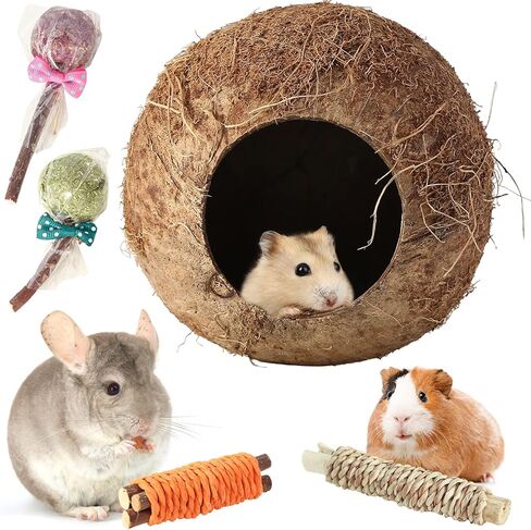 HWONMTE Hamster Coconut House and Hideout Bed Hamsters Chew Toys Gerbils Mice Rat Chinchillas Exercise Accessories for Small Animal Chewing and Teeth Care (4 Pack) in Kuwait