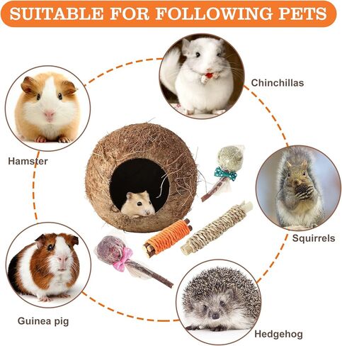 HWONMTE Hamster Coconut House and Hideout Bed Hamsters Chew Toys Gerbils Mice Rat Chinchillas Exercise Accessories for Small Animal Chewing and Teeth Care (4 Pack) in Kuwait