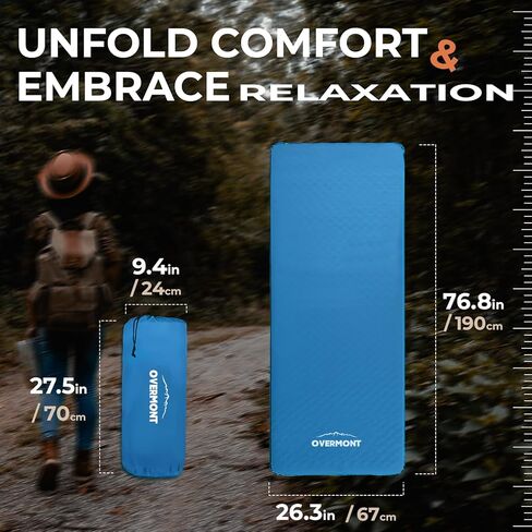 Overmont 3"Thick Self-Inflating Sleeping Pad - Wide Foam Camping Mattress Portable Roll Up Outdoor Mat for Tent Car Truck Van Rooftop - 4 Season in Kuwait